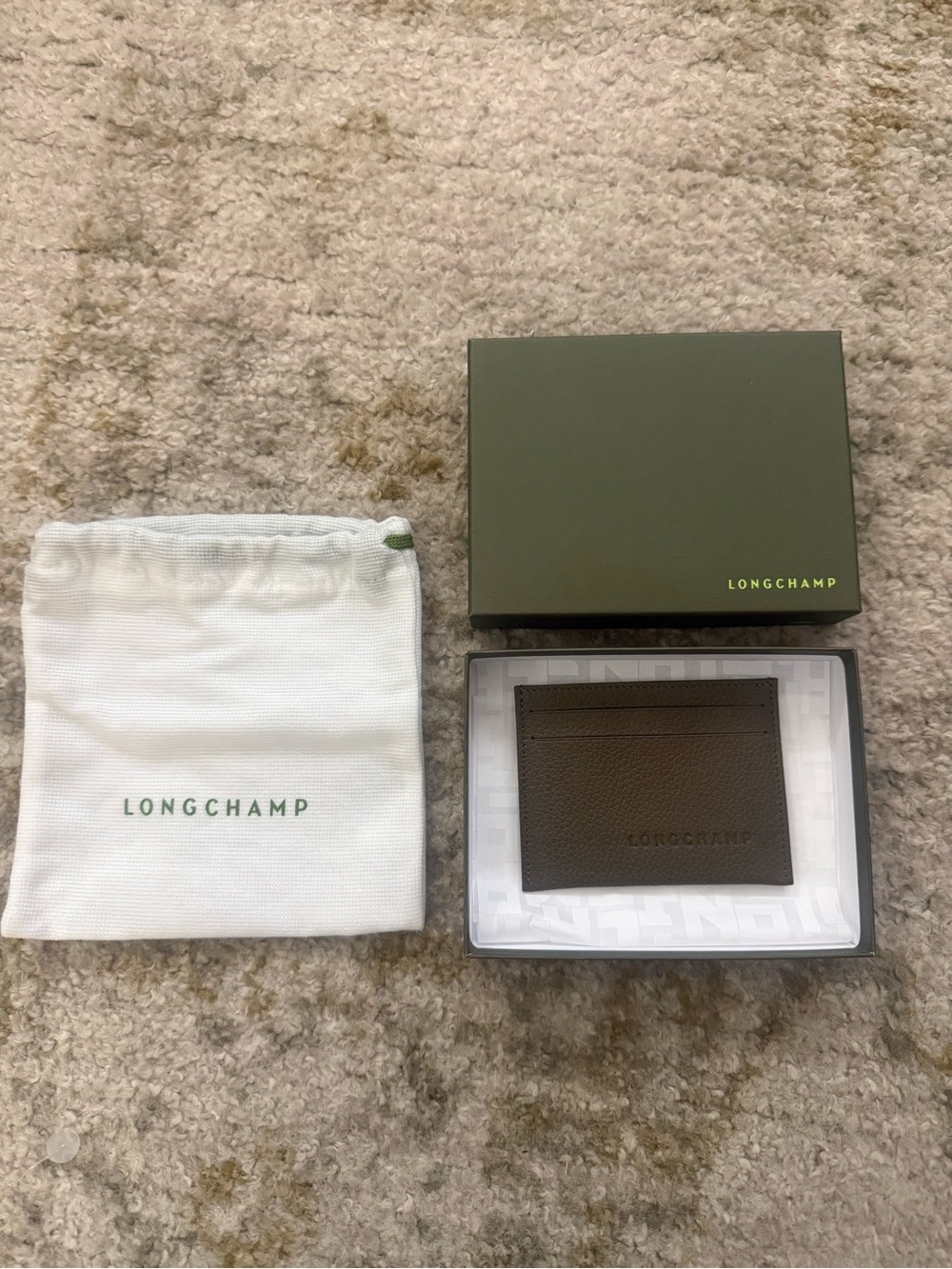 NEW Longchamp Le Foulonné Taupe Leather Card Holder Wallet Box Dust Bag